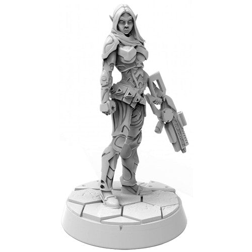 Starfinder: Elf Operative - Gray unpainted elf operative figurine in futuristic armor holding a sci-fi gun on a hexagonal base.