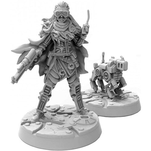 Starfinder: Android Mechanic (With Mechanic's Drone) - Unpainted gray miniature of a cloaked figure holding a wrench and blaster with a small robotic drone at its side on round.