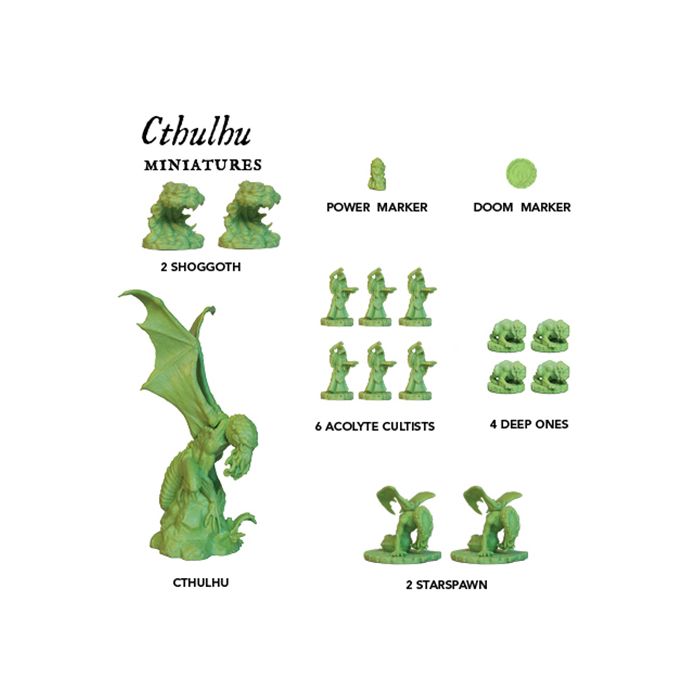 Cthulhu Wars Core Game - Green plastic Cthulhu miniature with large wings, seven shoggoth blobs, six cultist figures, four deep ones, two starspawn.