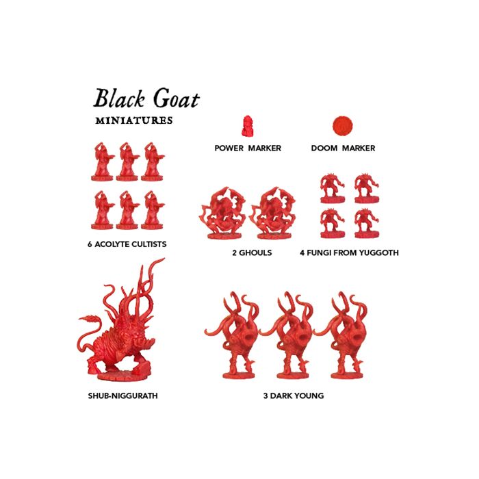 Cthulhu Wars Core Game - Red miniature game figures including six acolyte cultists, two ghouls, four fungi, one large multi-tentacled creature, and.