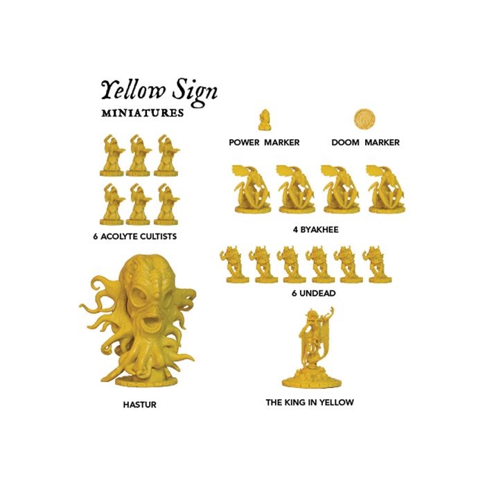 Cthulhu Wars Core Game - Set of mustard yellow miniatures featuring six acolyte cultists, four flying monsters, six undead warriors, a large.