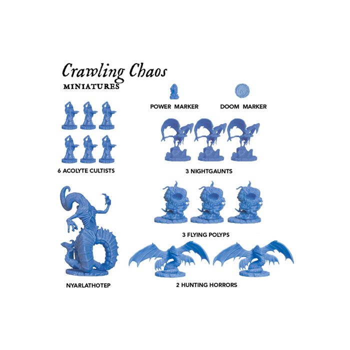 Cthulhu Wars Core Game - Blue plastic miniature figures featuring tentacled creatures, cultists, and monstrous sea beasts arranged in labeled groups.
