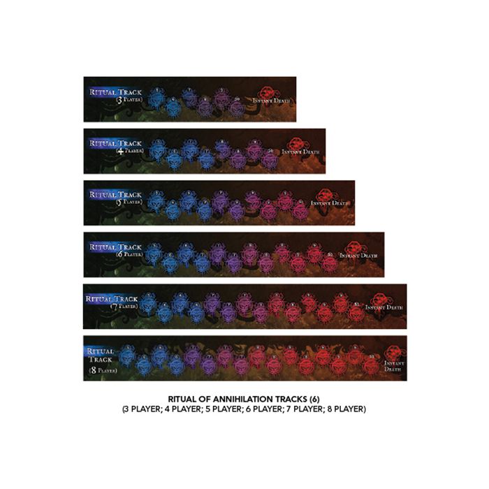 Cthulhu Wars Core Game - Set of six horizontal game boards with colorful, detailed Cthulhu-themed creature icons in red, purple, and blue tones.