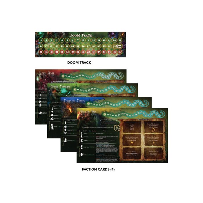 Cthulhu Wars Core Game - Board game components featuring a green and red doom track and four detailed faction cards with dark, thematic artwork and.
