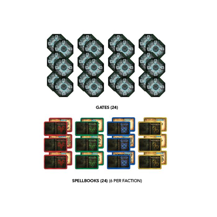 Cthulhu Wars Core Game - Dark hexagonal game tokens with intricate blue and gray designs labeled "Gates," and rectangular cards in red, green, blue,.