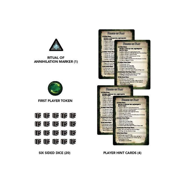 Cthulhu Wars Core Game - Black triangular marker, green round token, 20 black six-sided dice, and four rectangular player hint cards with text on.