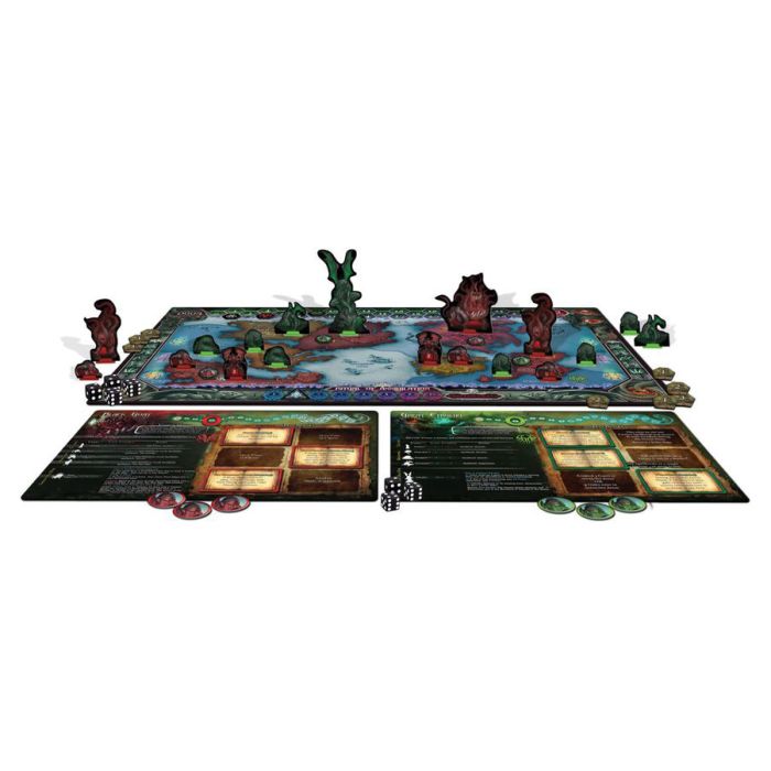 Cthulhu Wars: Duel - Board game setup with detailed fantasy miniatures in green and red, split game board, and player cards with tokens.