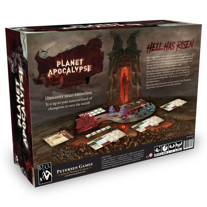 Planet Apocalypse Core Game - Dark-themed board game box with post-apocalyptic artwork, featuring game cards, tokens, and a miniature figure on a detailed