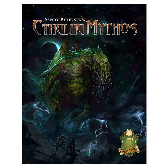 D&D 5E: Sandy Petersen's Cthulhu Mythos - Dark fantasy book cover featuring a green, tentacled monster against a stormy night sky with lightning and a glowing moon.