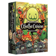 Cthulhu Cuisine - Colorful card game box featuring cartoonish green Cthulhu character surrounded by food and small illustrated characters.
