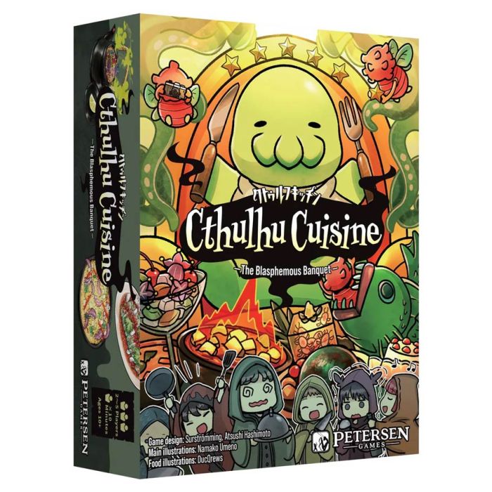 Cthulhu Cuisine - Colorful card game box featuring cartoonish green Cthulhu character surrounded by food and small illustrated characters.