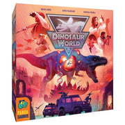 Dinosaur World - Colorful board game box featuring a roaring dinosaur, explorers, and a rugged jeep against a vibrant sunset background.