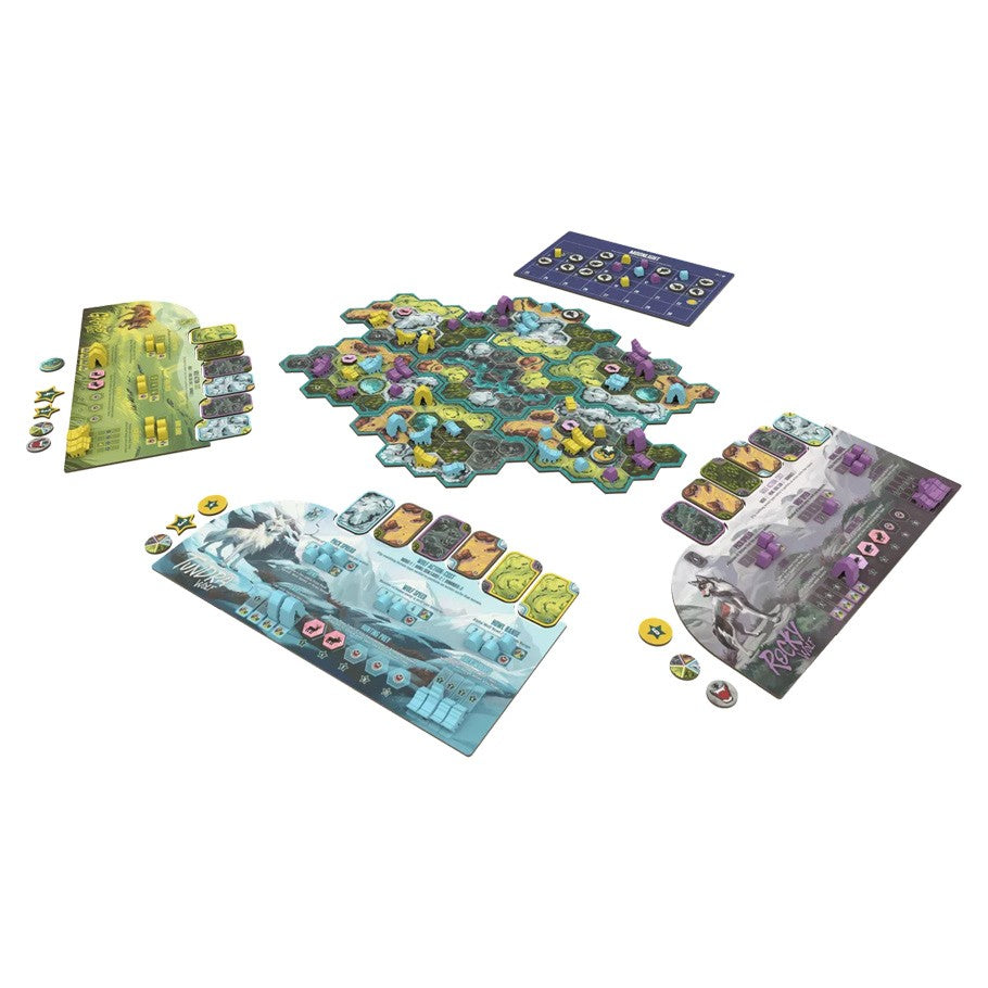 The Wolves - Strategy board game with hexagonal terrain tiles, colorful wolf and troop tokens, and player boards with character art and.