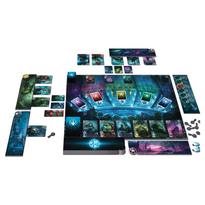 Abyss - Board game setup with dark oceanic fantasy-themed cards, colorful character illustrations, and multiple organizer boards.
