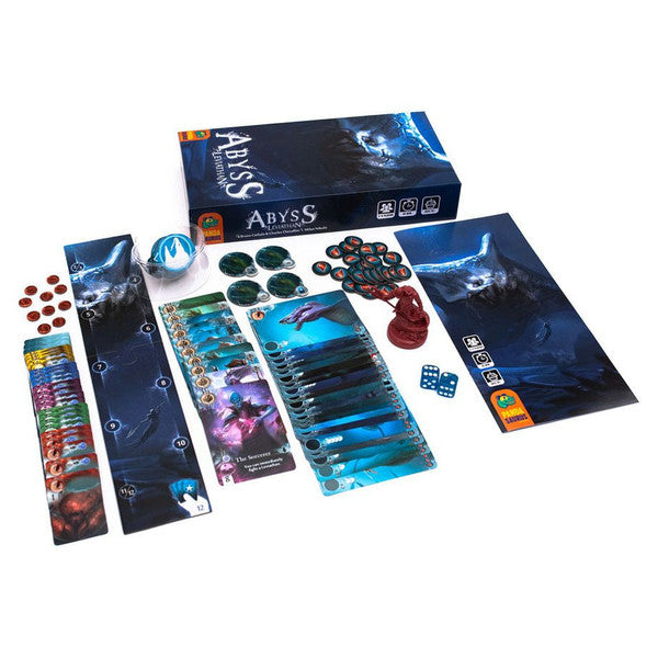Abyss: Leviathan Expansion - Board game expansion set featuring a dark oceanic theme with cards, tokens, dice, and a detailed rulebook.