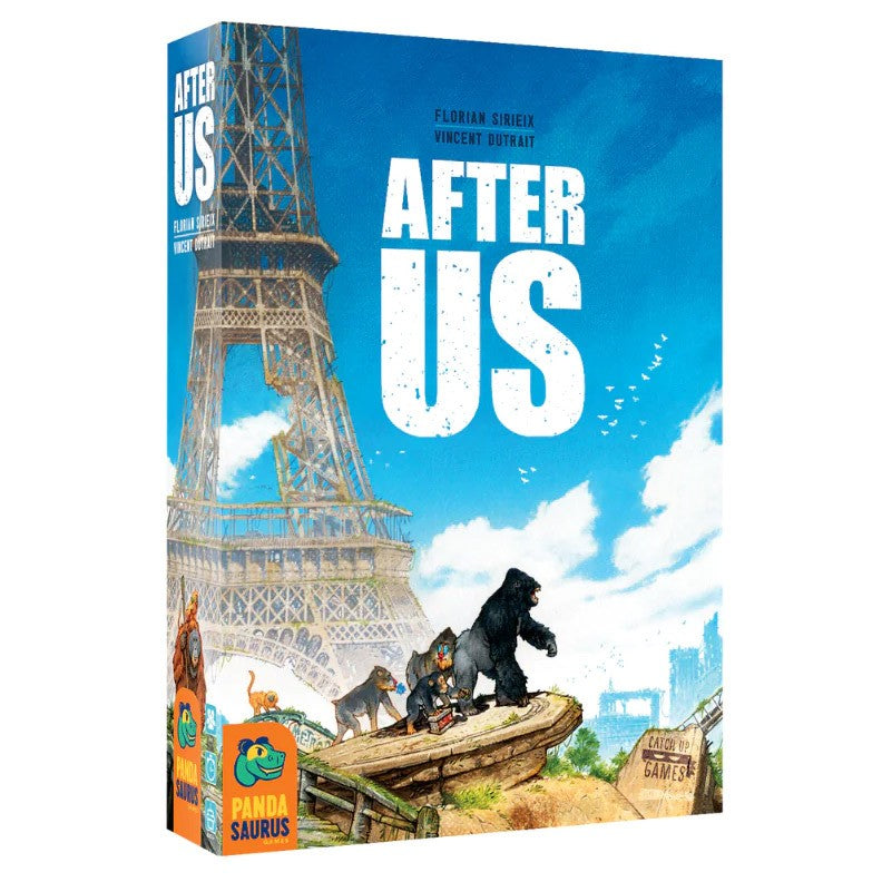 After Us - After Us strategy board game box featuring a post-apocalyptic scene with the Eiffel Tower and animals in a ruined cityscape.