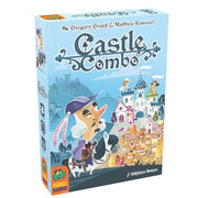 Castle Combo - Blue game box featuring a cartoon pincushion knight riding a black horse with a white castle in the background and colorful.