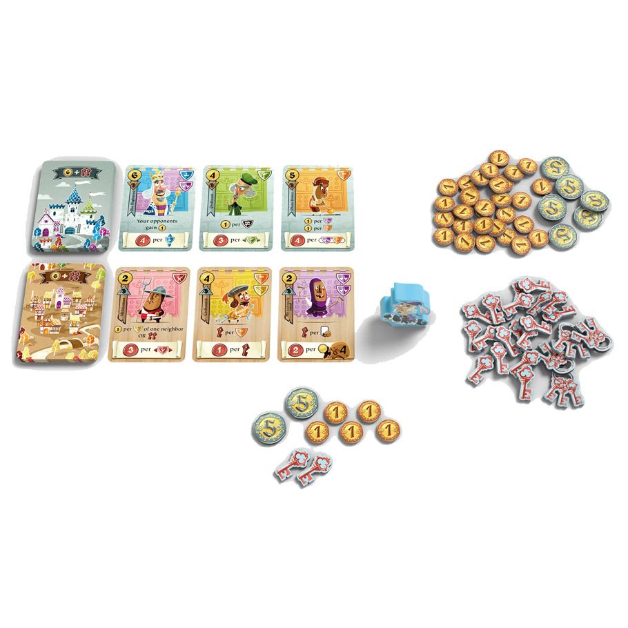 Castle Combo - Castle-themed board game set with colorful character cards, wooden tokens, a blue six-sided die, and castle-shaped game.
