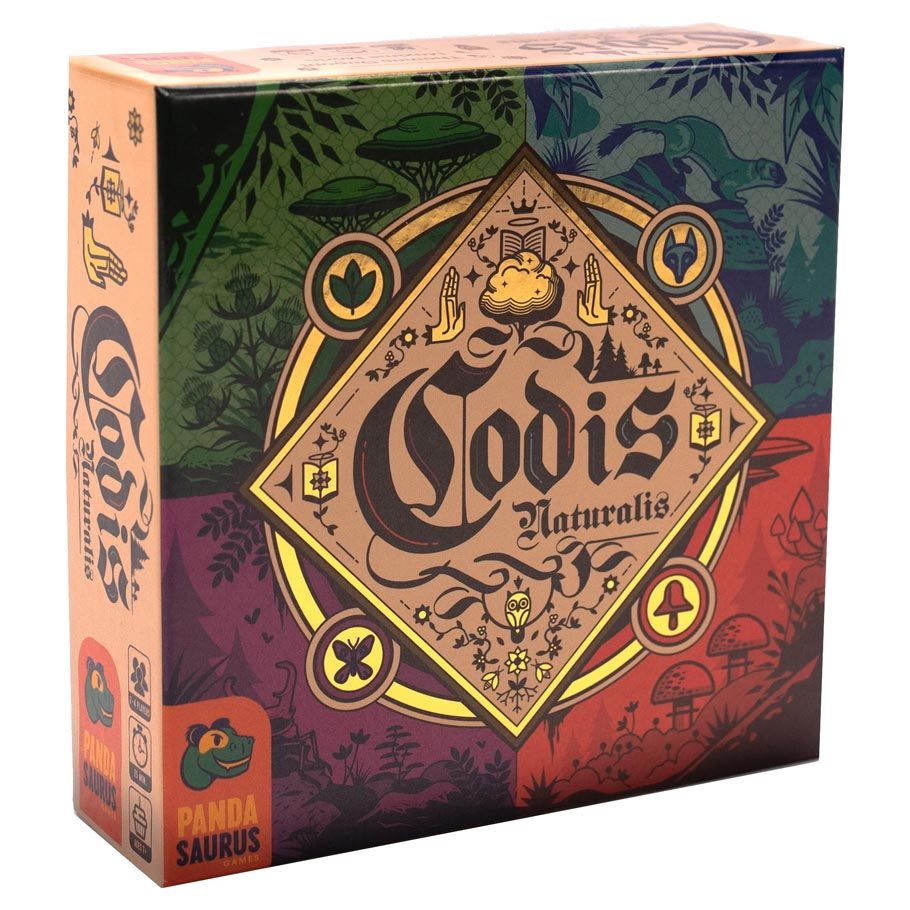 Codis Naturalis - Square card game box with natural elements design in green, red, and brown tones, featuring ornate gold diamond frame and.