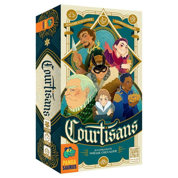 Courtisans - Rectangular card game box for Courtisans with illustrated characters in vibrant colors, gold and teal decorative border, and