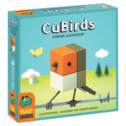 CuBirds - Colorful card game box featuring a stylized orange, beige, and brown blocky bird illustration on a green grassy background.