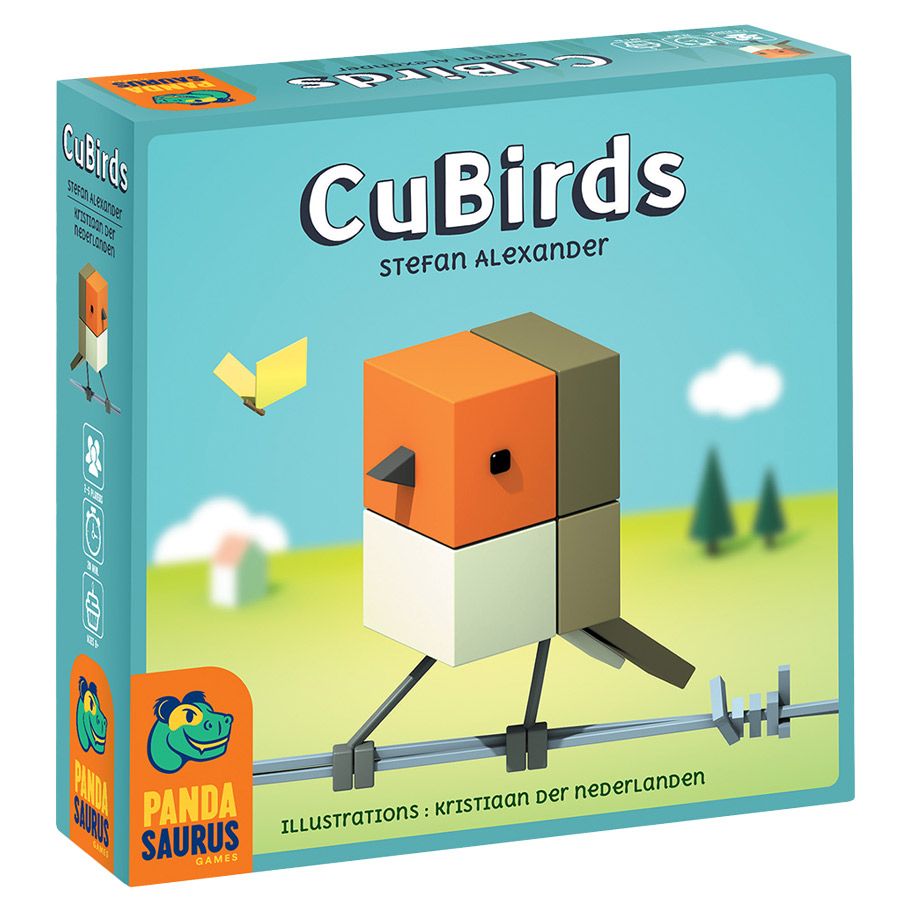 CuBirds - Colorful card game box featuring a stylized orange, beige, and brown blocky bird illustration on a green grassy background.