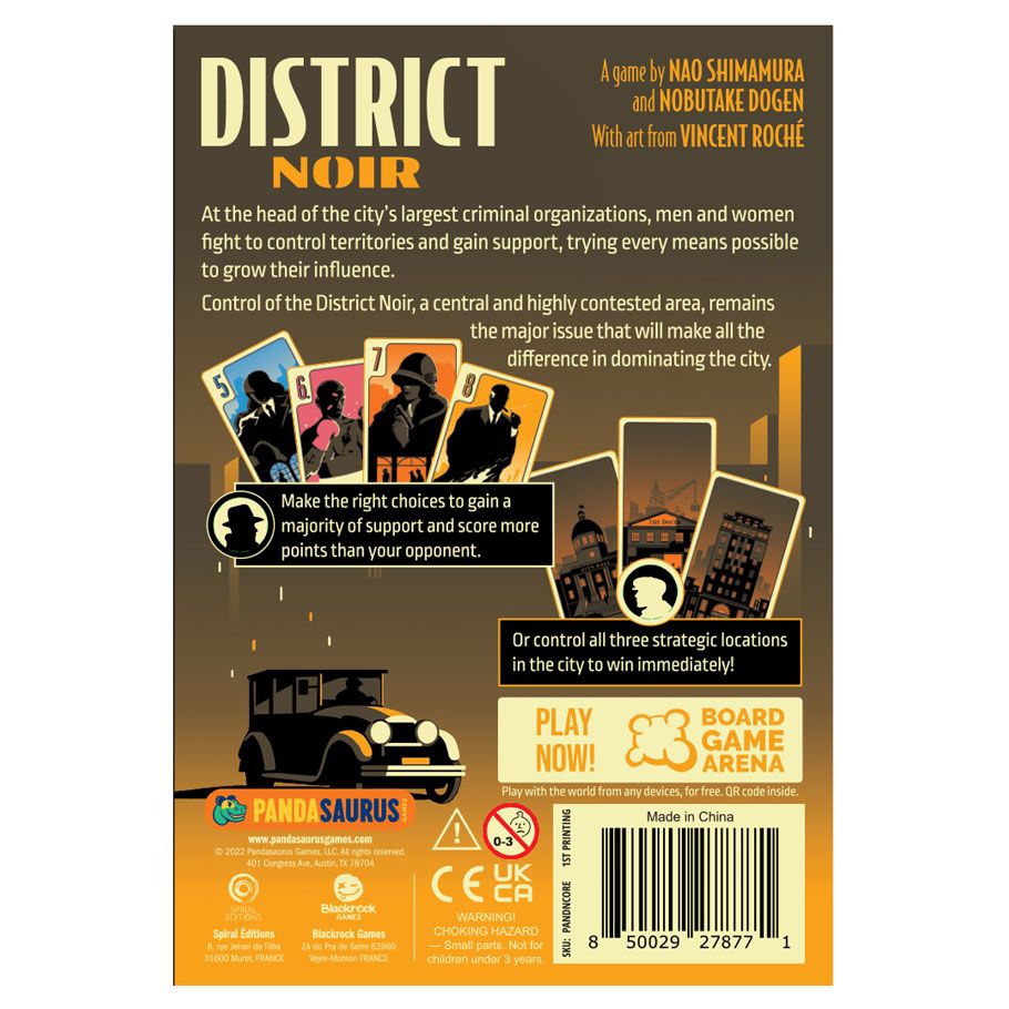 District Noir - District Noir card game box with dark, moody artwork featuring stylized character portraits and cityscape illustrations.