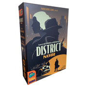 District Noir - Dark-themed card game box with silhouettes of a man in a fedora and a woman, city skyline, vintage car, and bold "District.