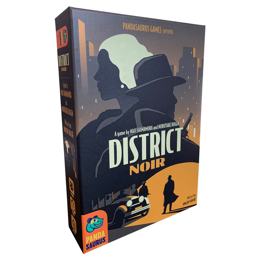 District Noir - Dark-themed card game box with silhouettes of a man in a fedora and a woman, city skyline, vintage car, and bold "District.