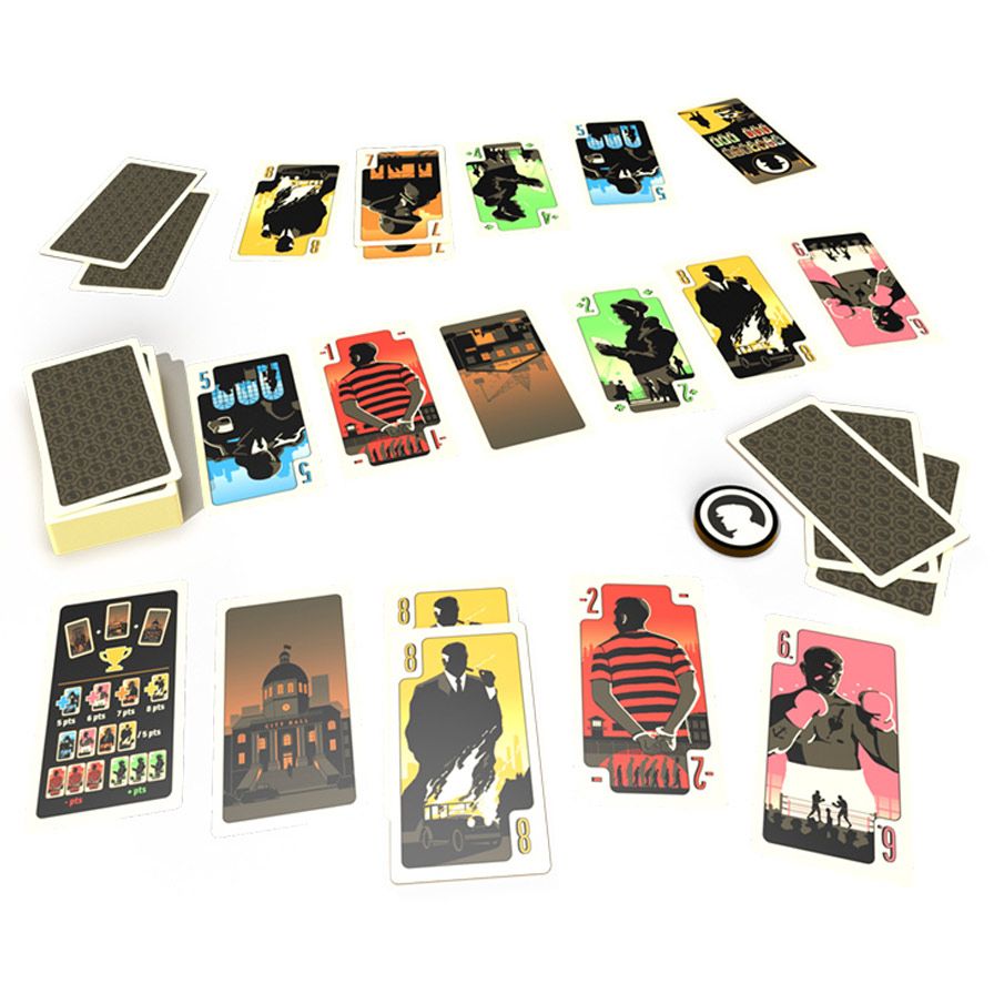 District Noir - Two-player card game with colorful character cards featuring silhouetted figures in various colors, numbered and styled with