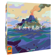 Emerge - Board game box featuring a colorful volcanic island erupting with smoke, surrounded by blue ocean waves under a pastel sky.