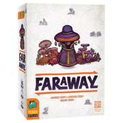 Faraway - Faraway strategy board game box with purple hat-wearing character and colorful mushrooms on white background.