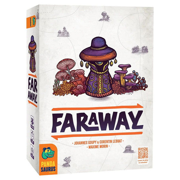 Faraway - Faraway strategy board game box with purple hat-wearing character and colorful mushrooms on white background.