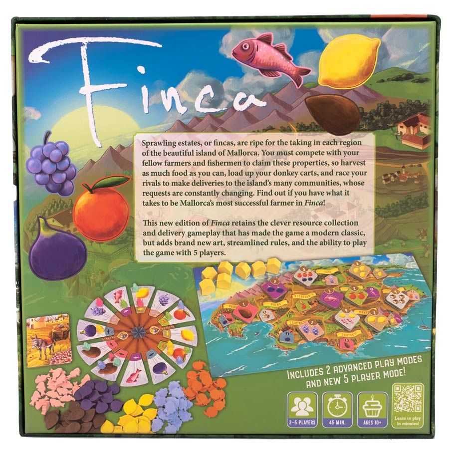 Finca - Finca family strategy board game box with colorful illustrations of fruits, farm scenes, and hexagonal game board sections.