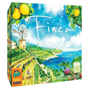 Finca - Colorful board game box featuring a vibrant countryside with orchards, a windmill, and a bright blue sky.
