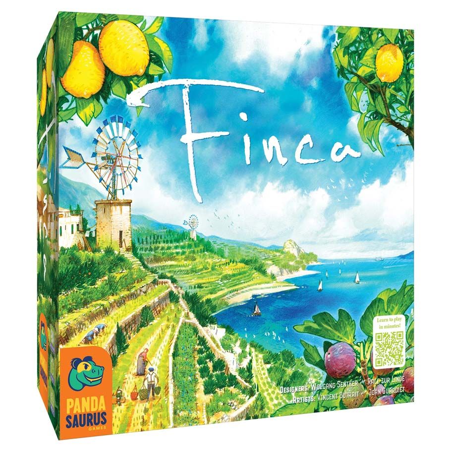 Finca - Colorful board game box featuring a vibrant countryside with orchards, a windmill, and a bright blue sky.