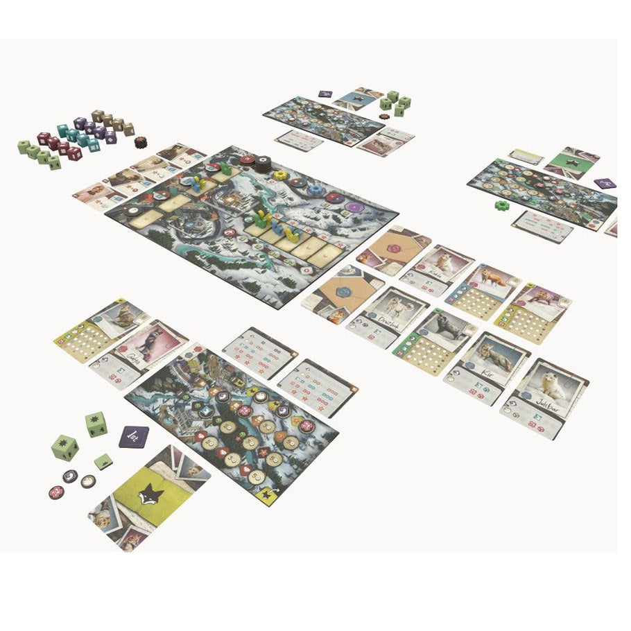 The Fox Experiment - Board game setup featuring a large colorful game board with fox-themed illustrations, multiple player mats with cards and.