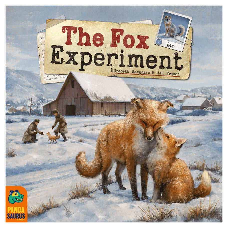 The Fox Experiment - Board game box cover featuring two realistic foxes in snowy village setting with wooden houses and distant mountains.