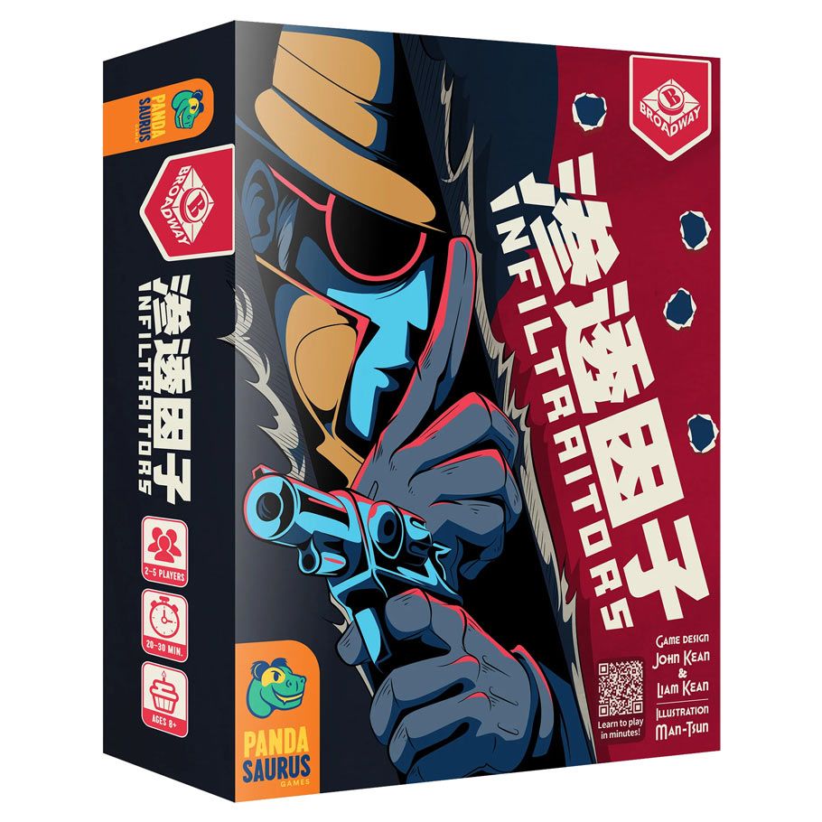 Infiltraitors - Dark red card game box featuring a stylized figure wearing a fedora and sunglasses, holding a silenced pistol, with white.