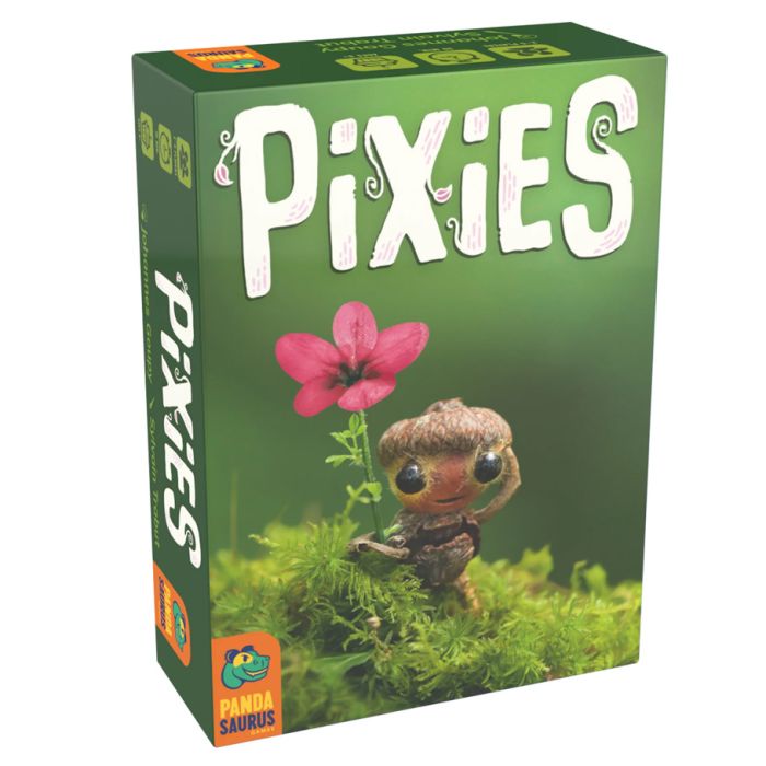 Pixies - Green box featuring a small pixie figure with a pink flower on moss, labeled Pixies card game.