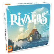 Rivages - Square board game box with Rivages title, ocean scene with cliffs, sailing ships, and a lighthouse under a bright sky.