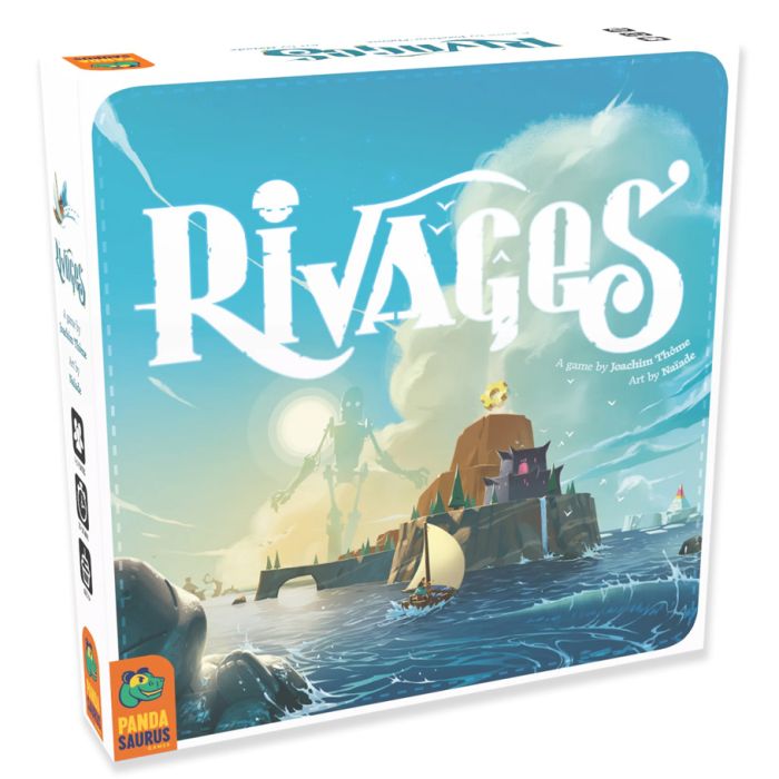 Rivages - Square board game box with Rivages title, ocean scene with cliffs, sailing ships, and a lighthouse under a bright sky.
