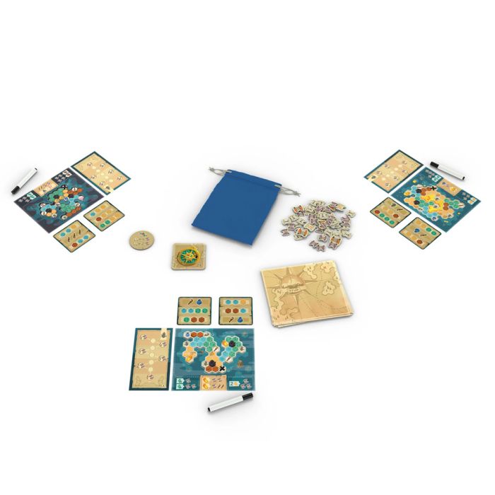 Rivages - Strategy board game setup with square boards, hex tiles, wooden markers, cards, and blue drawstring bag.