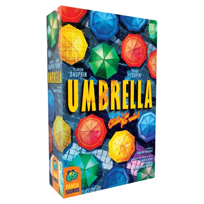 Umbrella - Colorful umbrellas in red, yellow, green, and blue with geometric patterns on a dark background game box design.