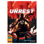 Unrest - Graphic novel cover with fiery red and orange city background, central cloaked figure facing away with glowing clenched.