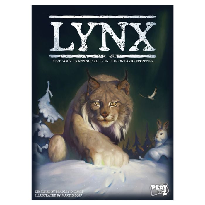 Lynx - Board game box featuring a lynx stalking through snowy forest with a rabbit and bird nearby.