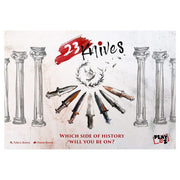 23 Knives - Rectangular game box with white background, featuring eight illustrated knives in a circle and classical columns on each.