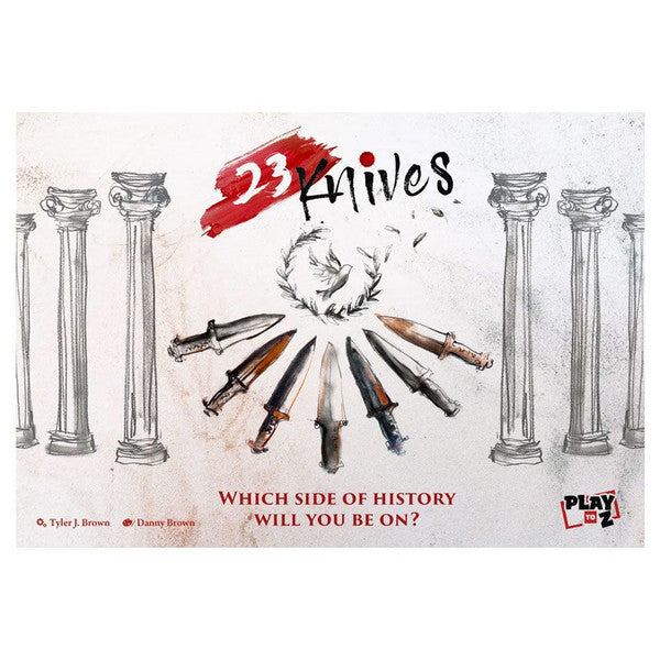 23 Knives - Rectangular game box with white background, featuring eight illustrated knives in a circle and classical columns on each.