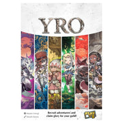YRO - Colorful YRO card game box featuring six fantasy character illustrations in vertical panels beneath metallic stylized YRO.