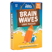 Brain Waves - Bright orange surfboard on stylized sandy beach with blue waves on Brain Waves logic puzzles box.